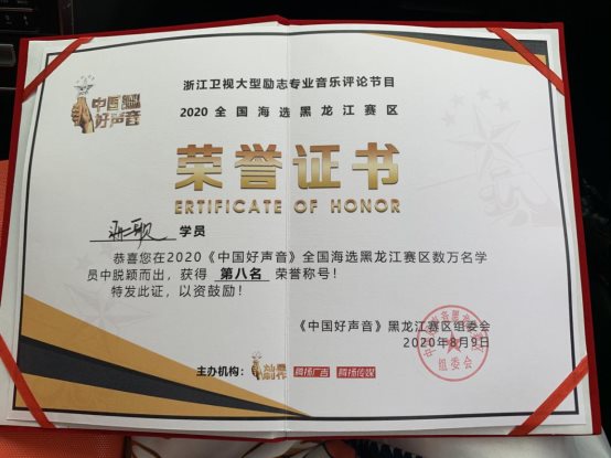 海歌获得2020《中国好声音》全国海选黑龙江赛区晋级十强
