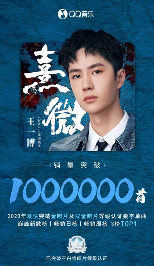 QQ音乐加持 王一博《熹微》4小时销量破100万首获三白金认证